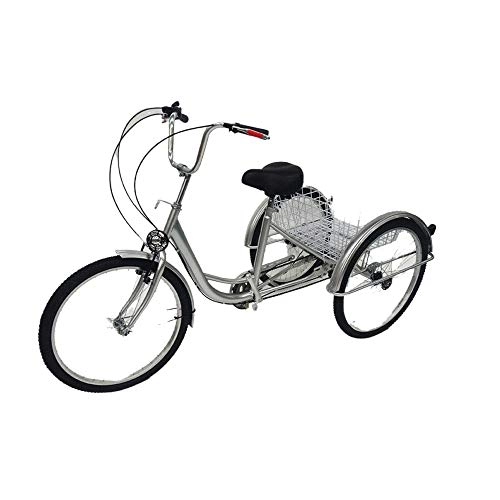 Comfort Bike : MINUS ONE 24" 6 Speed Adult 3 Wheel Tricycle, Adult Bicycle Cycling Pedal Bike with White Basket for Outdoor Sports Shopping Adjustable (Silver with light)