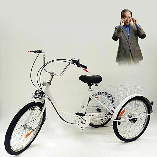 Comfort Bike : MINUS ONE 24" 6 Speed Adult 3 Wheel Tricycle, Adult Bicycle Cycling Pedal Bike with White Basket for Outdoor Sports Shopping Adjustable (White with light)