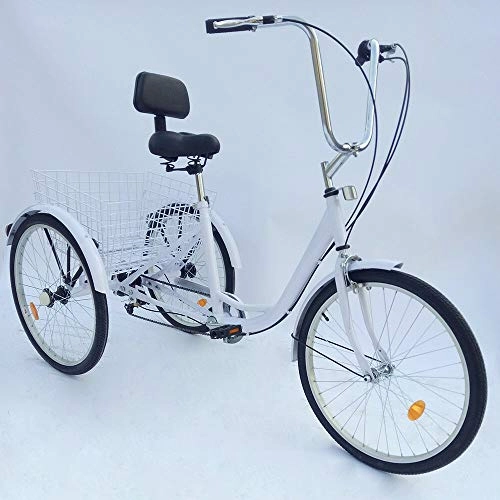 Comfort Bike : MINUS ONE 24" 6 Speed Adult 3 Wheel Tricycle, Adult Bicycle Cycling Pedal Bike with White Basket for Outdoor Sports Shopping Adjustable (White without light)