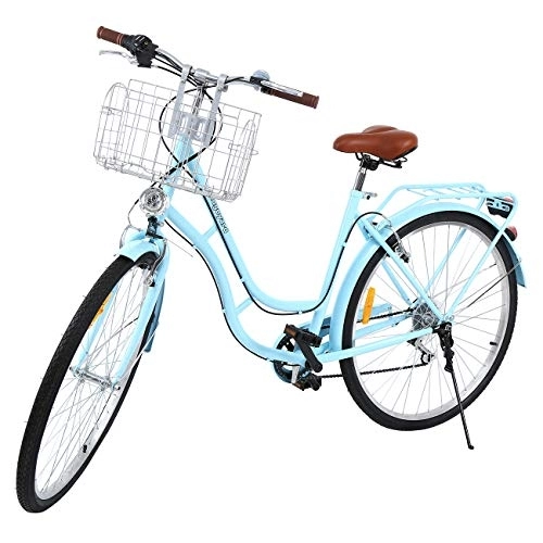 Comfort Bike : MuGuang 28" 7 Speeds City Bike Vintage Ladies Heritage Traditional Dutch Bike Adjustable seats City Bicycle Shopper Bike with Baskets (Blue)