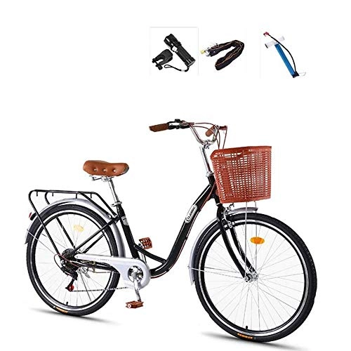Comfort Bike : MYSZCWCF Ladies City Road Bike 24" City Leisure Bicycle Adults High Carbon Steel Frame Commuter Ladies Bike Classic 7 Speed Retro Bicycle & Basket Ultra Light Portable Student Male Bicycle