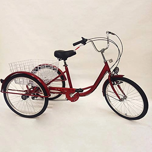 Comfort Bike : OUKANING 24 Inch Tricycle for Adults 6 Speed Adult Shopping with Basket Light, red