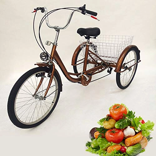 Comfort Bike : OUKANING 24 Inch Tricycle for Adults 6 Speed Adult Shopping with Basket Light, womens, brown