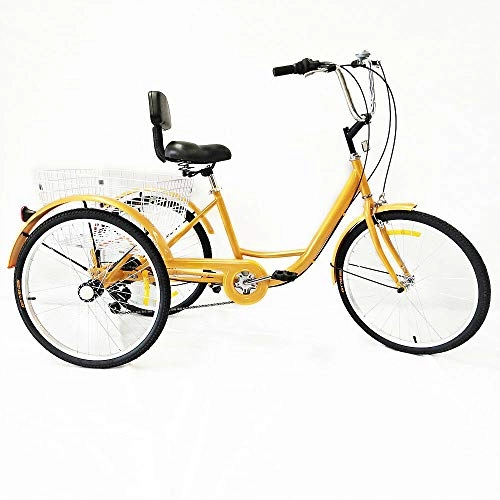 Comfort Bike : OUKANING 6 Speed Adult Tricycle, 3 Wheel Bicycle, 24"Bicycle Tricycle, Aluminum Bicycle with Backrest Basket (yellow)