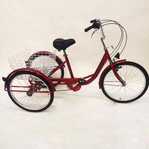 Comfort Bike : OUKANING Hansemay 24" 6 Speed Adult 3 Wheel Tricycle, Adult Bicycle Cycling Pedal Bike with White Basket for Outdoor Sports Shopping Adjustable (Red)