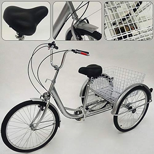 Comfort Bike : OUKANING Road Bike Adult Tricycle 24" 3-Wheel Bicycle 6-Speed Elderly Trike Cargo Cruiser w / Basket