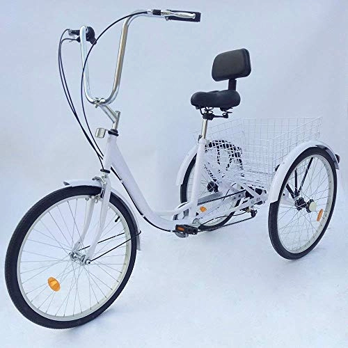 Comfort Bike : PRIT2016  24" 6 Speed 3 Wheel Adult Tricycle Adjustable Adult Bicycle Cycling Pedal Bike with White Basket for Outdoor Sports Shopping Christmas Gift for Parent and Friends (White)