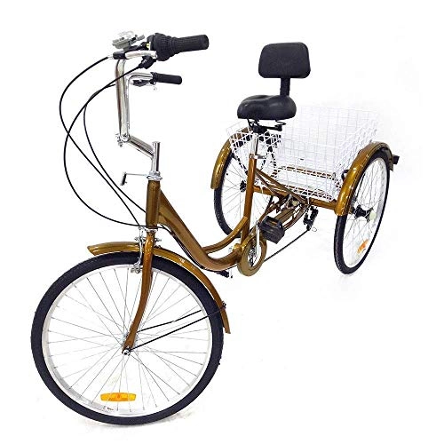 Comfort Bike : PRIT2016  24" 6 Speed 3 Wheel Adult Tricycle Adjustable Adult Bicycle Cycling Pedal Bike with White Basket for Outdoor Sports Shopping for Parent and Friends(Gold)