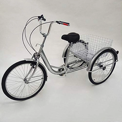 Comfort Bike : PRIT2016  24" 6 Speed 3 Wheel Adult Tricycle Adjustable Adult Bicycle Cycling Pedal Bike with White Basket for Outdoor Sports Shopping for Parent and Friends(Silver with Light)