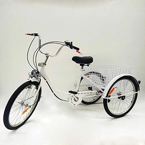 Comfort Bike : PRIT2016  24" 6 Speed 3 Wheel Adult Tricycle Adjustable Adult Bicycle Cycling Pedal Bike with White Basket for Outdoor Sports Shopping for Parent and Friends (White with Light)