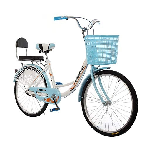Comfort Bike : QLHQWE Classic traditional ladies bicycle, 24 inch with basket rear seat ladies casual classic bicycle high carbon steel double V brake multiple color choice, Blue