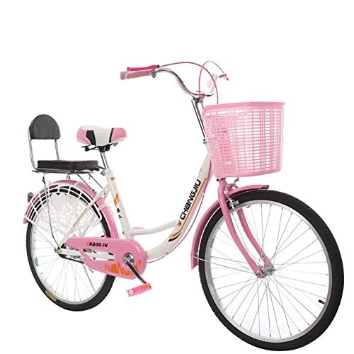 Comfort Bike : QLHQWE Leisure bicycle, 24 inch with basket back seat ladies casual classic bicycle high carbon steel double V brake multicolor selection, Pink