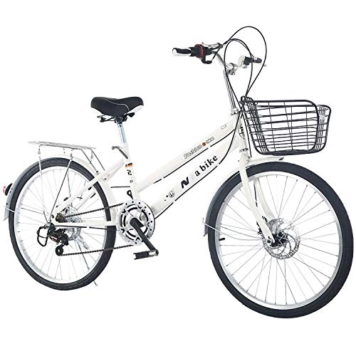 Comfort Bike : QLHQWE Student commuter speed bicycle, 24 inch with basket rear seat student school trip classic bicycle high carbon steel double disc brake hard frame multiple color options, White