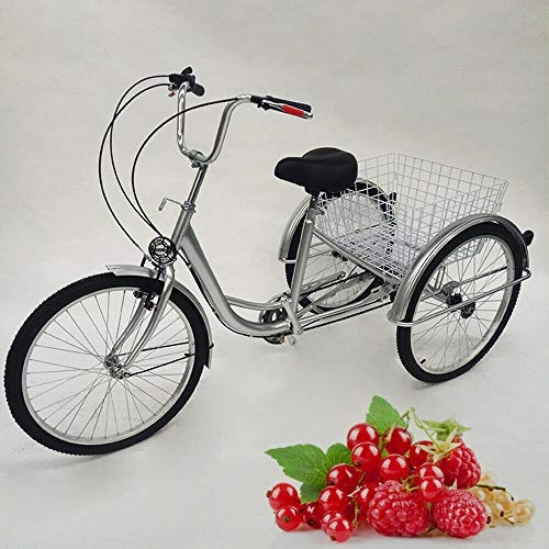 Comfort Bike : RANZIX 24" 6 Speed 3 Wheel Adult Tricycle Trike Bicycle Bike Cycling Pedal with Shopping Basket with Lamp (silver with lamp)