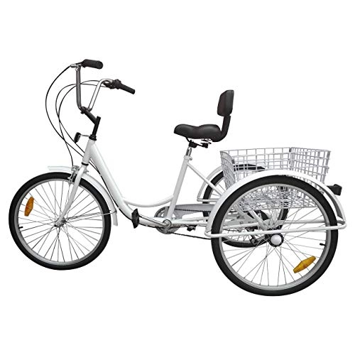 Comfort Bike : Ridgeyard Adult Tricycles 24" 6 Speed 3 Wheel Upgraded Fender Adult Trike Bike Cycling Pedal with Shopping Basket (White (Updated Version))