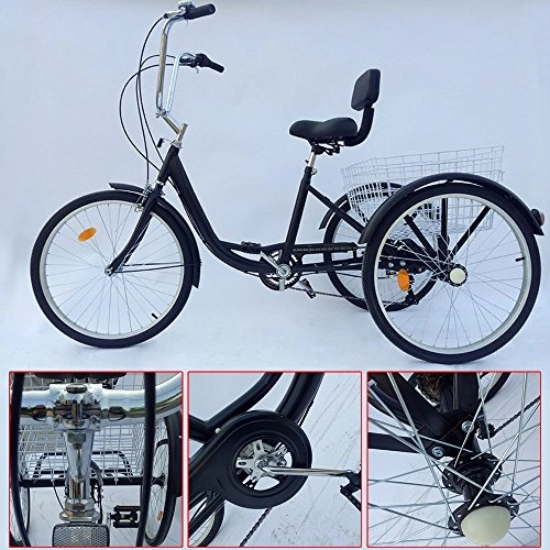 Comfort Bike : SENDERPICK 24" 6 Speed Adult 3 Wheel Tricycle, Adult Bicycle Cycling Pedal Bike with White Basket for Outdoor Sports Shopping Adjustable (Black)