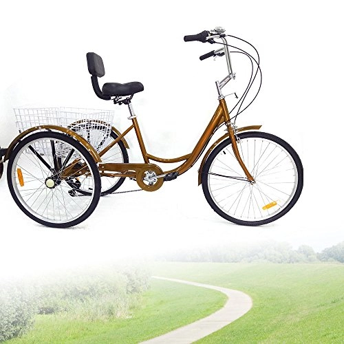 Comfort Bike : SHIOUCY 24"3 Wheel Adult Bicycle Tricycle Cruise Tricycle Trike + Basket + Head Light, 6 Speed Basket Tricycle Pedal Cart Cargo Bicycle