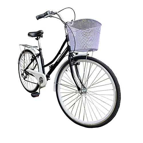 Comfort Bike : Simply Sites Vintage Ladies Bike - Dutch Style Womens Bike with Pannier Rack - 26 Inch Heritage Shopper Cruiser Commuter Trek City Bike -Classic Bicycles for Women Shimano 6 Speed Front Basket (Black)