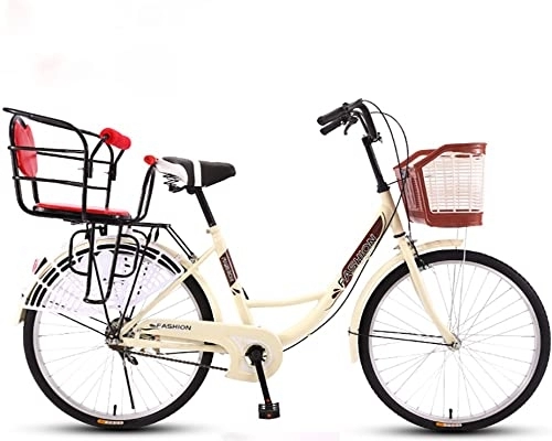 Comfort Bike : TAURU Single Speed Women’s Bike Rear seat with child, Vintage Ladies Bike with Basket, Front and Rear Caliper Brake (26IN, beige -1)