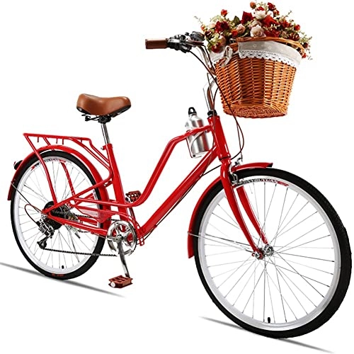 Comfort Bike : TBNB 24inch Women's Beach Cruiser Bike, Retro Style City Commuter Bicycle, 7-Speed, White, Blue, Red (Red)