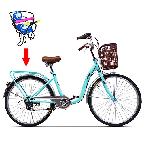 Comfort Bike : Ti-Fa 24 Inch Women Bicycle with Basket and Child Bicycle Seat Adults Bike, 6-Speed, Women's Step-Through Hybrid Alloy Beach Cruiser, Suitable for 160-180cm (Color : Blue)