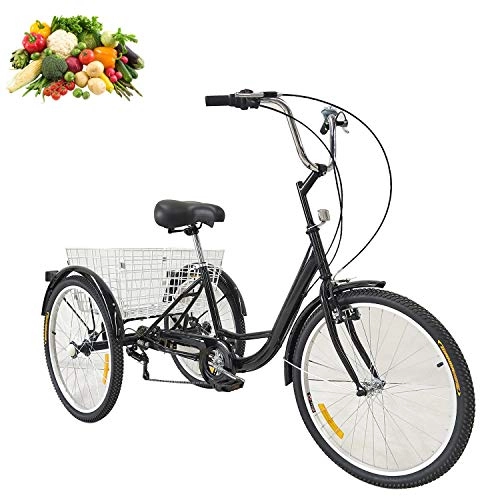 Comfort Bike : Tricycle adult 24inch 3-wheel tricycle bikes single speed, large shopping cart basket, leisure pedal tricycle for the elderly, comfortable big saddle with steel frame