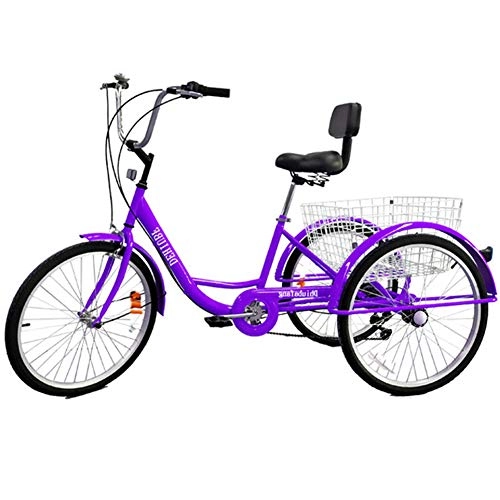 Comfort Bike : TTFGG Comfortable 3-Wheel Bicycle, 24-Inch Adult Bike Tricycle with Large Basket Backrest Seat, Suitable for Teenagers, Ladies, Men, Shopping, Shopping, Sports, Leisure, Purple