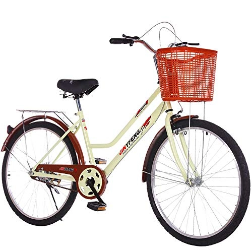 Comfort Bike : Vintage Women's Bicycle, Ity Comfort Bike with Basket, 24 26 Inch High Carbon Steel Outdoor City Bike, Female Student Sports Bikes Beige (Size : 24 inch)