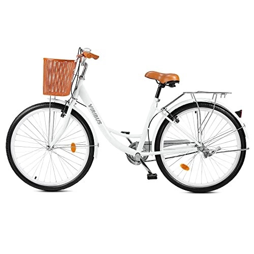 Comfort Bike : Viribus 26 Inch Vintage Ladies Bike with Basket, Girl’s Bike Dutch Style City Bicycle with Carbon Steel Frame Dual V Brakes, Single Speed Women’s Comfort Bike w Adjustable Seat and Handlebars(White)