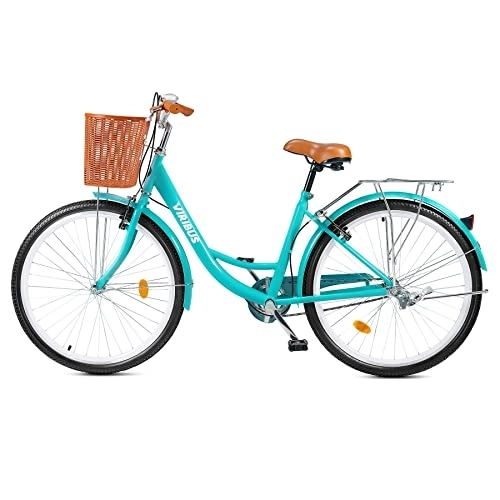 Comfort Bike : VIRIBUS 26 Inch Vintage Ladies Bike with Basket, Girl’s Bike Dutch Style City Bicycle with Carbon Steel Frame Dual V Brakes, Single Speed Women’s Comfort Bike with Adjustable Seat and Handlebars(Teal)