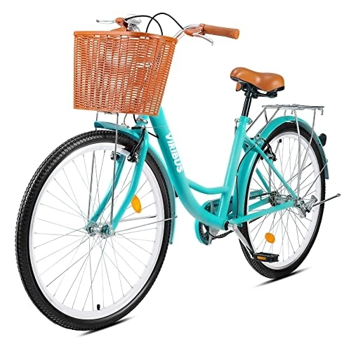 Comfort Bike : VIRIBUS Vintage Ladies Bike with Basket, 26 Inch Girl’s Bike Dutch Style City Bicycle with Carbon Steel Frame Dual V Brakes, Single Speed Women’s Comfort Bike with Adjustable Seat and Handlebars(Teal)