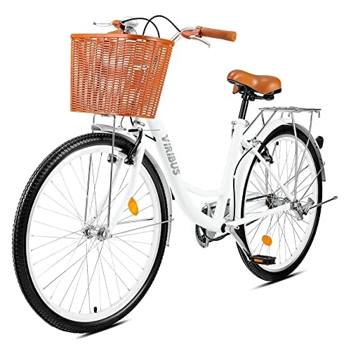 Comfort Bike : Viribus Vintage Ladies Bike with Basket, 26 Inch Girl’s Bike Dutch Style City Bicycle with Carbon Steel Frame Dual V Brakes, Single Speed Women’s Comfort Bike with Adjustable Seat & Handlebars, White