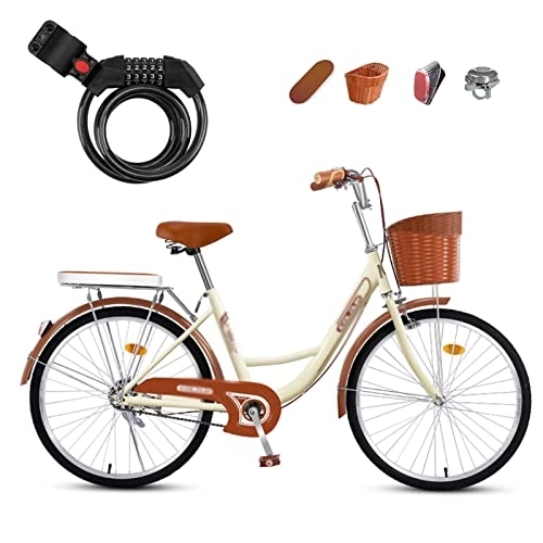 Comfort Bike : Winvacco Comfort Bikes, Tandem Bikes with Bike Lock, Unisex Classic Iron Bicycle with Basket Retro Bicycle, Beige-22inch