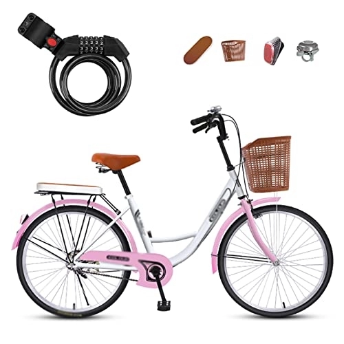 Comfort Bike : Winvacco Cruiser Bikes, Road Bikes, with Bike Lock, Back Seats Womens Bike Single Speed Bicycle Commuter Bicycle, Pink-22inch