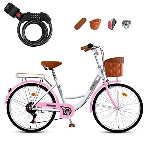 Comfort Bike : Winvacco Fixed Gear Bikes, Comfort Bikes, with Bike Lock, Classic Bicycle Retro Bicycle with Comfortable Seats and Baskets, Pink-26inch