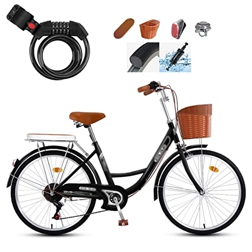 Comfort Bike : Winvacco Mountain Bikes, Cruiser Bikes, with Bike Lock, Back Seats Womens Bike Single Speed Bicycle Commuter Bicycle, Black-26inch