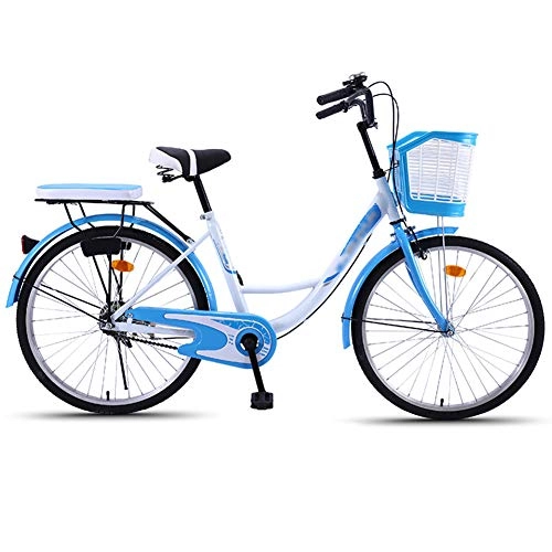 Comfort Bike : WN-PZF 1-Speed Bicycle, Ladies' Bicycle Commuter Transportation, High Carbon Steel Frame + Bell + Front Basket + Rear Shelf + Shock Absorption, Blue, 24 inch