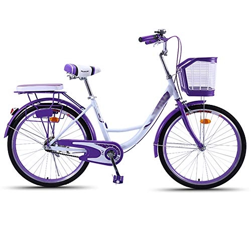 Comfort Bike : WN-PZF 1-speed bicycle, ladies' bicycle commuter transportation, high carbon steel frame + bell + front basket + rear shelf + shock absorption, Purple, 26 inch