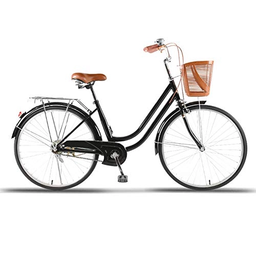 Comfort Bike : WN-PZF 24 inch 1 speed bicycle, ladies bicycle commuter transportation, high carbon steel frame + bell + front basket + rear shelf + anti-theft lock + reflective tail light, Black, A