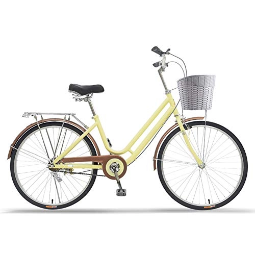 Comfort Bike : WN-PZF 24 inch 1 speed bicycle, ladies bicycle commuter transportation, high carbon steel frame + bell + front basket + rear shelf + anti-theft lock + reflective tail light, Yellow, B