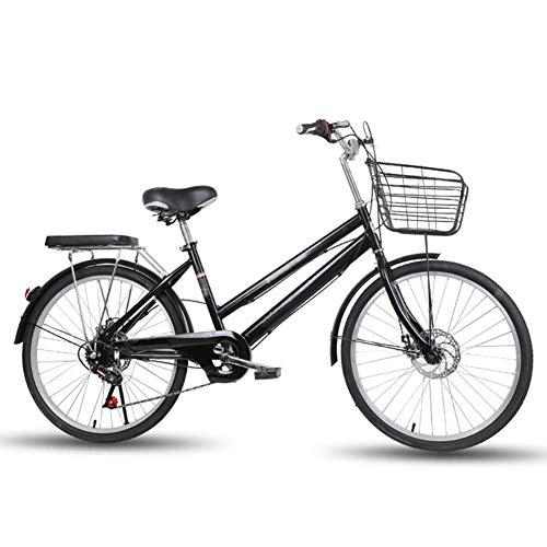 Comfort Bike : WN-PZF 24-inch 6-speed bicycle, ladies' bicycle commuter transportation, high carbon steel frame + front basket + rear shelf + pneumatic tires + disc brakes, Black