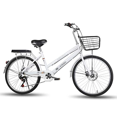 Comfort Bike : WN-PZF 24-inch 6-speed bicycle, ladies bicycle commuter transportation, high carbon steel frame + front basket + rear shelf + solid tires + disc brakes, White