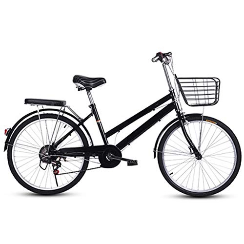 Comfort Bike : WN-PZF 24 inch bicycles, ladies' bicycles for commuting, high carbon steel frame + front basket + rear shelf + solid tires + Holding brake, Black, 6 speed