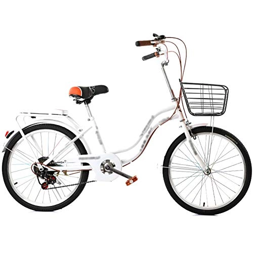 Comfort Bike : WN-PZF 24 inches 1 speed bicycle, ladies bicycle commuter transportation, high carbon steel frame + bell + front basket + rear shelf + lock, White, Ordinary
