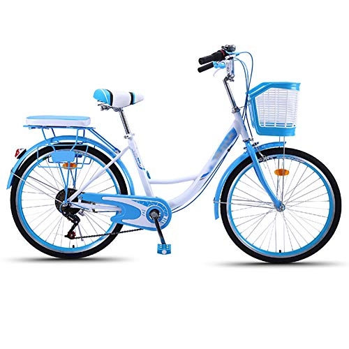 Comfort Bike : WN-PZF 6-speed bicycle, ladies' bicycle commuter transportation, high carbon steel frame + bell + front basket + rear shelf + shock absorption, Blue, 26 inch