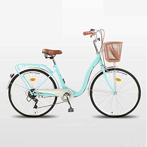 Comfort Bike : WOF 24" City leisure Bicycle Adults, High carbon steel frame Commuter Ladies bike, Classic 6 Speed Retro bicycle Comfort Simple Adult Bicycle (Color : Blue)