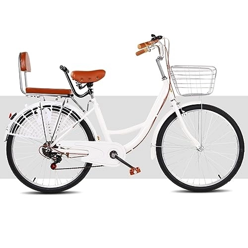 Comfort Bike : Women Cruiser Bike, Adult Beach Cruiser Bike Mens and Womens Lightweight Bikes with Basket, 6-Speed Shifter, Thickened Back Seat Cushion, Suitable for Commuting, Socializing, Hiking, And Vacation.(Color:Whit