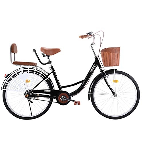 Comfort Bike : Women's Bicycle for Male And Female Students, 24 Inch City Leisure Bicycle with Basket High Carbon Steel Frame Commuter Ladies Bike, Dutch Style Retro Bike Includes Pump, Bike Lock, Black