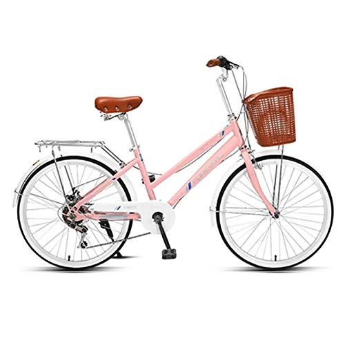Comfort Bike : XUELIAIKEE 24 Inch Womens Bicycle Aluminum Cruiser Bike 6 Speed V Brakes Road City Bike Lightweight Commuter Ladies Bicycle With Retro Basket-Pink 6 Speed