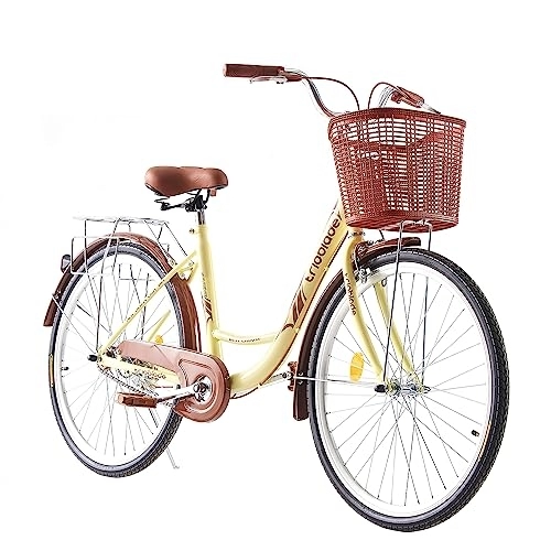Comfort Bike : YOYODS 26 Inch Vintage Ladies Bike with Basket, Girls Bike Dutch Style City Bicycle with Carbon Steel Frame Dual V Brakes, Single Speed Womens Comfort Bike with Adjustable Seat & Handlebars